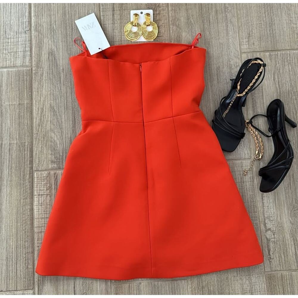 Zara Strapless Structured Mini Dress NWT Red Orange Skort Dress Size L - Picture 16 of 16